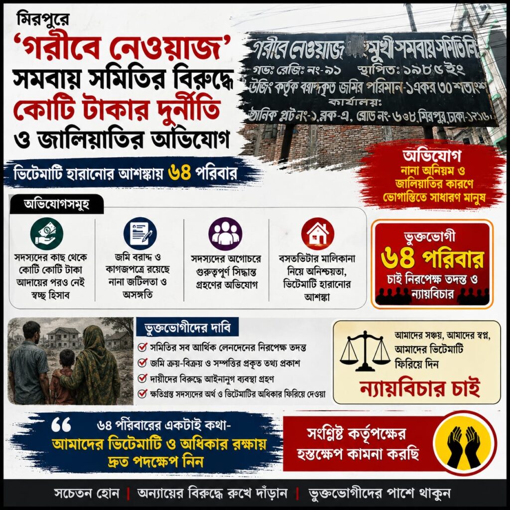 মিরপুরে সমবায় সমিতির বিরুদ্ধে দুর্নীতি-জালিয়াতির অভিযোগ, তদন্ত দাবি